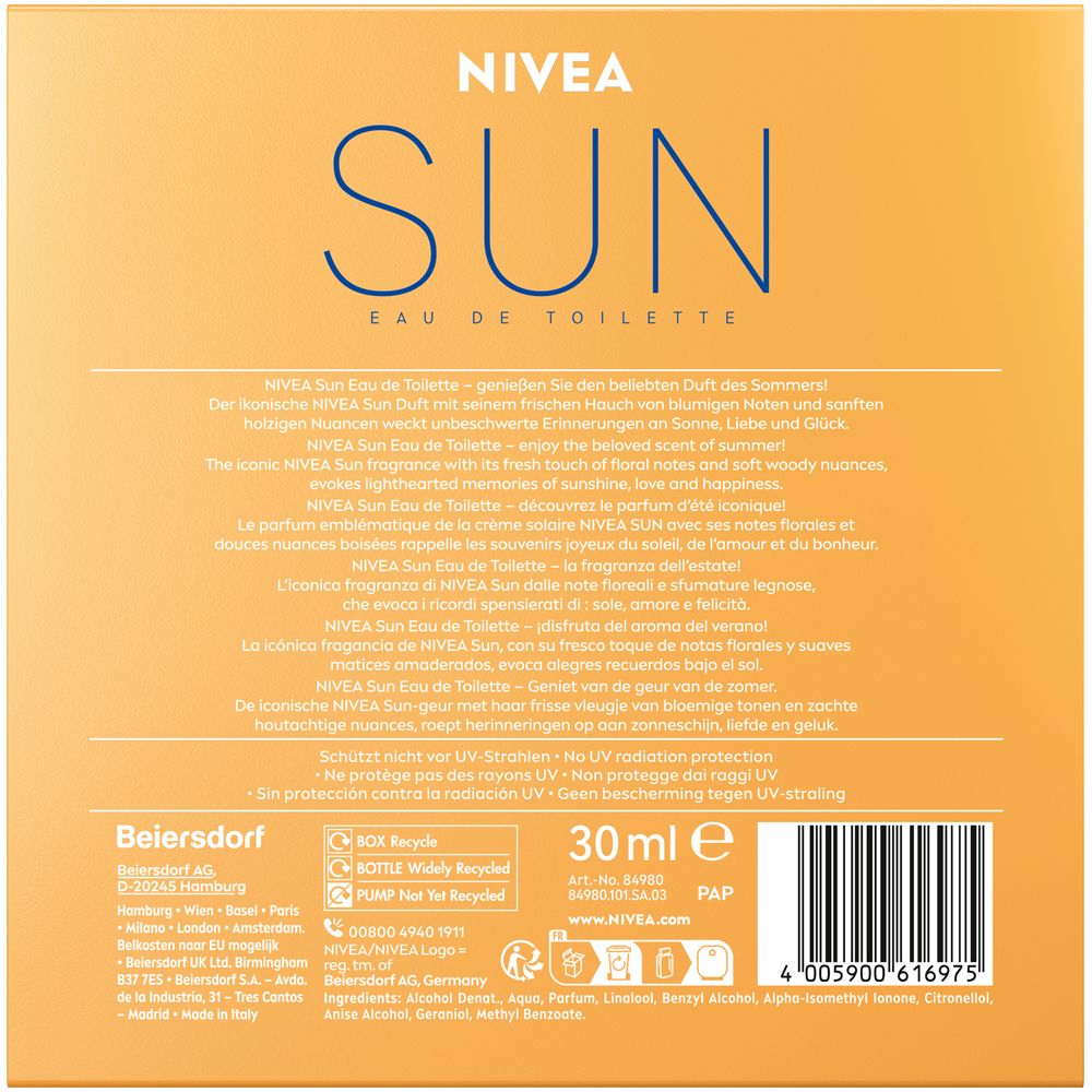 Arrière de la boîte cadeau NIVEA SUN Eau de Toilette avec informations produit et mention 30ml.