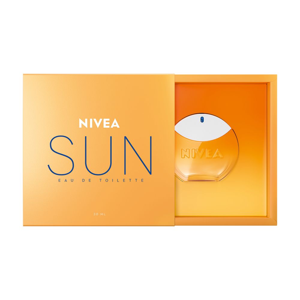 Boîte cadeau NIVEA SUN Eau de Toilette avec un tiroir coulissant pour le flacon.