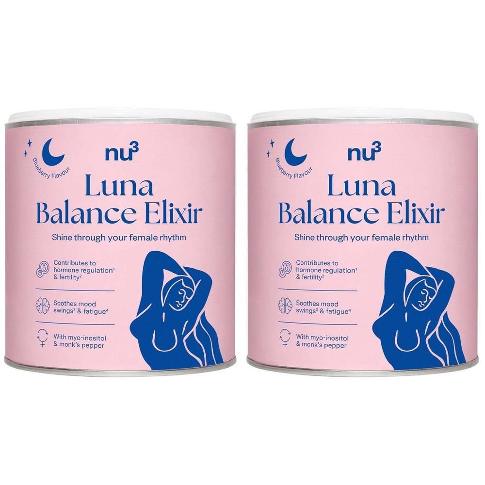 Deux boîtes de nu3 Luna Balance Elixir. Boîte rose avec étiquette bleue. Texte : Luna Balance Elixir, contribue à la régulation hormonale. Goût myrtille.