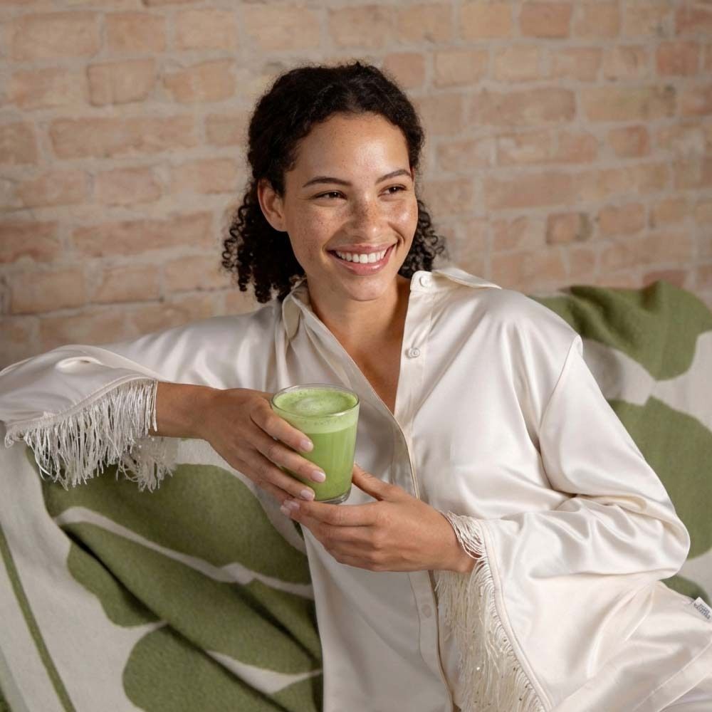 Femme assise sur un canapé, tenant un verre de Matcha Latte. Elle sourit. Vêtements clairs, couverture à motifs verts.