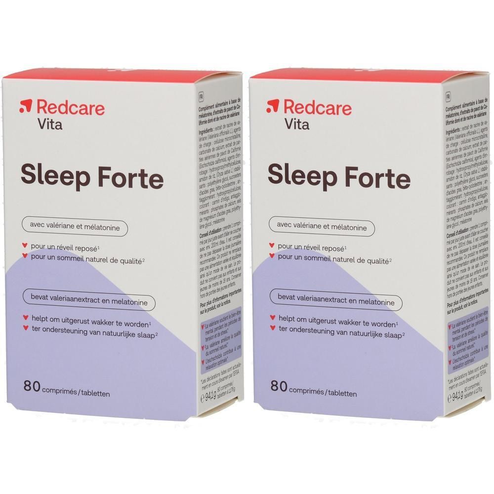 Deux boîtes de "Redcare Vita Sleep Forte". Chaque boîte contient 80 comprimés. Inscription: "avec valériane et mélatonine".