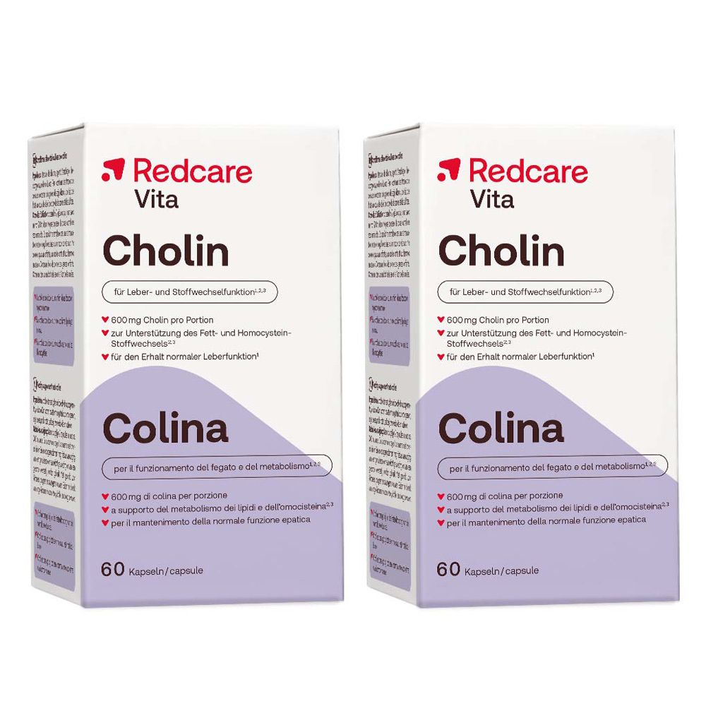 Deux boîtes de Redcare Vita Cholin. Boîtes blanches avec texte rouge et noir. Contient 60 capsules.