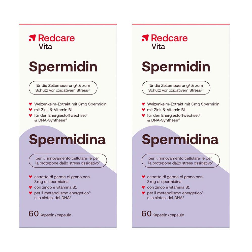 Deux boîtes de "Redcare Vita Spermidin". Contient des informations sur les ingrédients et la quantité: 60 gélules.