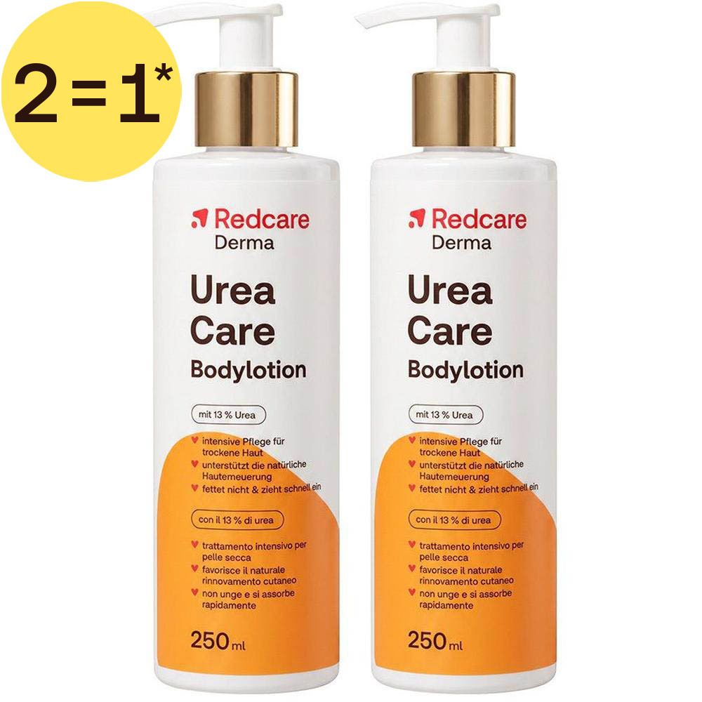 Deux flacons de lotion corporelle Redcare Derma Urea Care avec distributeurs à pompe.