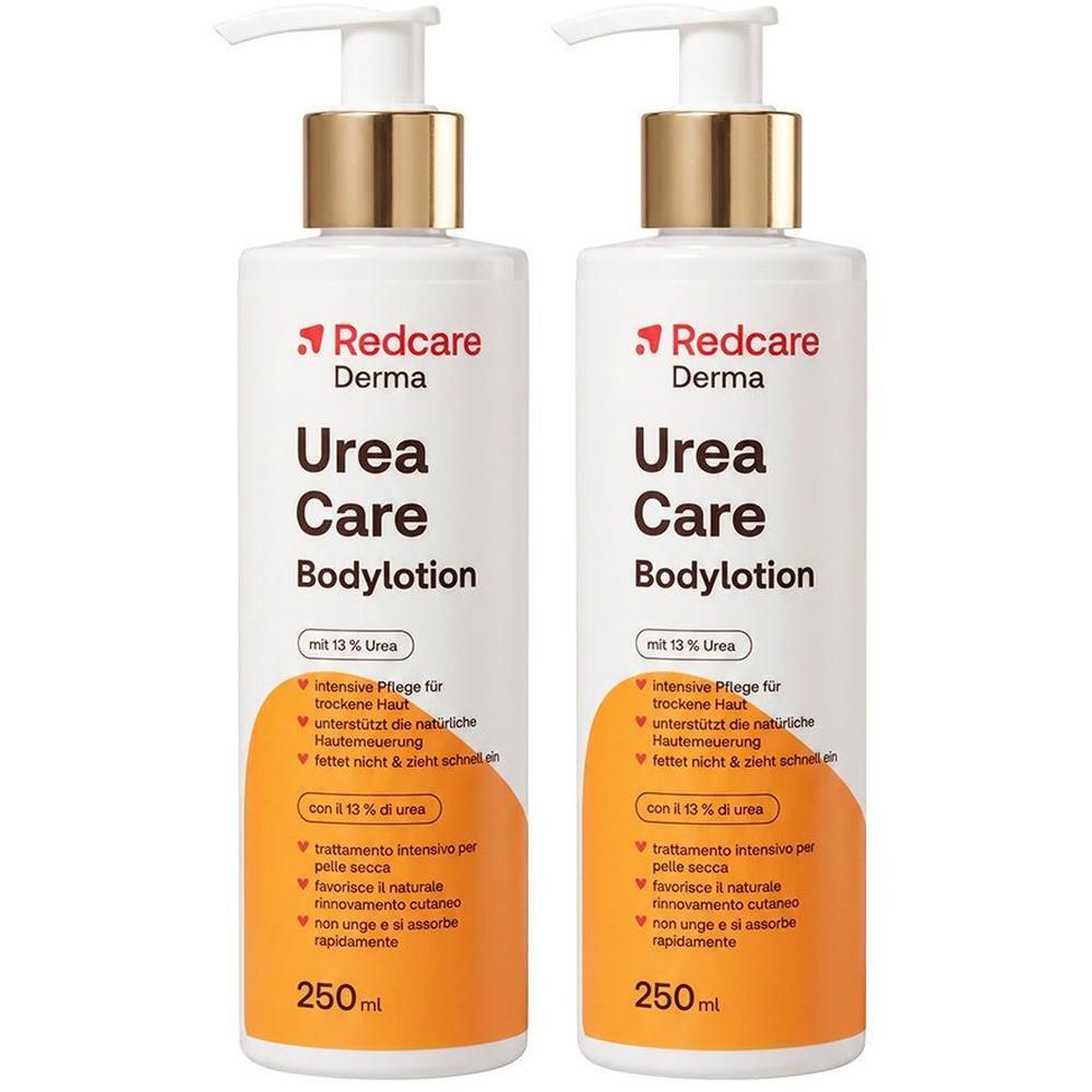 Deux flacons de lotion corporelle Redcare Derma Urea Care avec distributeurs à pompe.