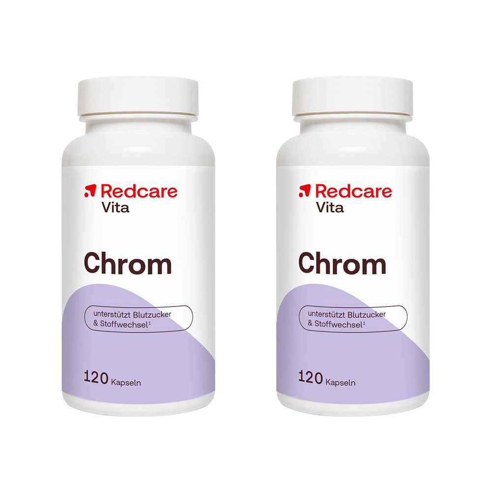 Deux flacons blancs avec l'inscription "Redcare Vita Chrom". Chaque flacon contient 120 gélules et soutient la glycémie et le métabolisme.