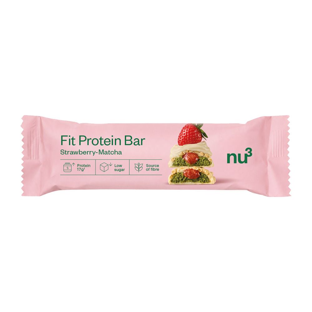 Emballage d'une barre protéinée nu3 Fit, Fraise-Matcha, avec image du produit et informations nutritionnelles.