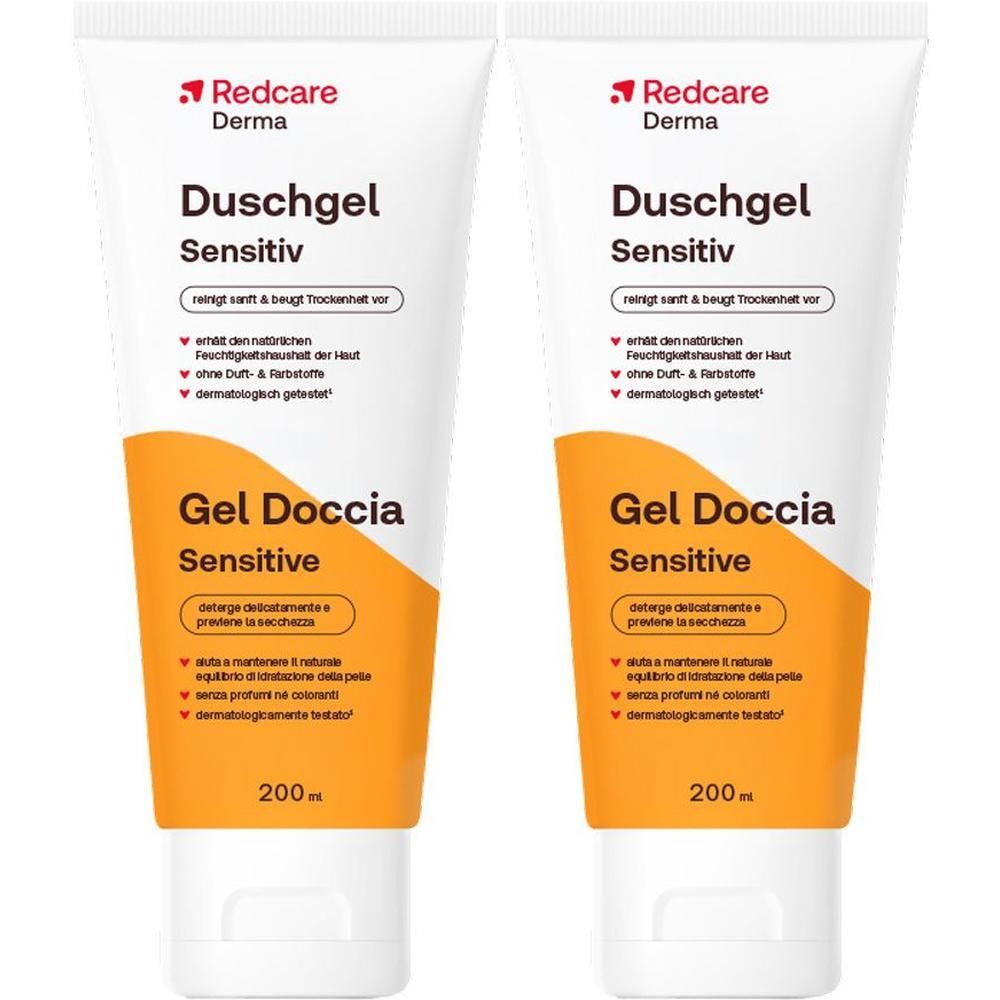 Deux tubes de gel douche Redcare Derma Sensitiv, 200ml chacun. Pour peaux sensibles.