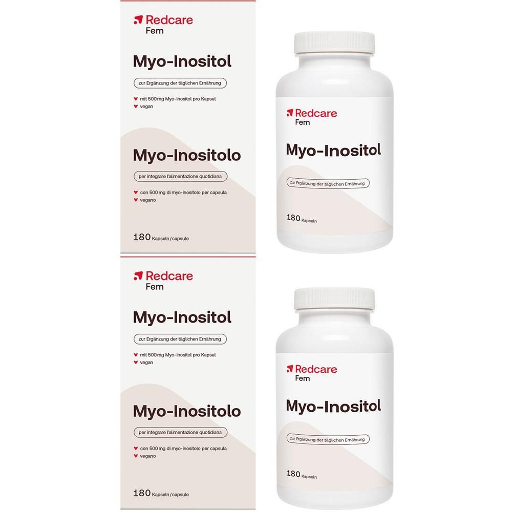 Deux boîtes et deux flacons de capsules Redcare Fem Myo-Inositol, 180 capsules par boîte/flacon.