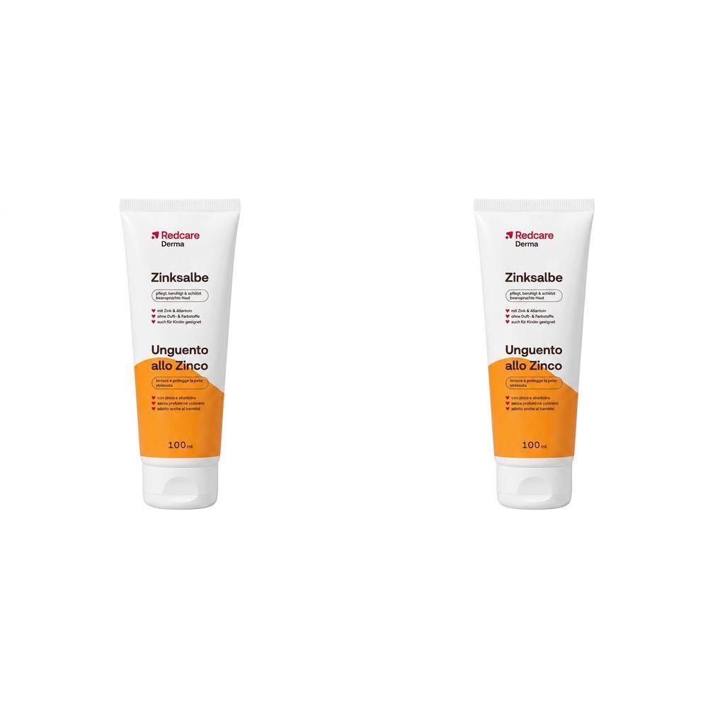 Deux tubes de pommade au zinc Redcare Derma avec un accent orange et des inscriptions.