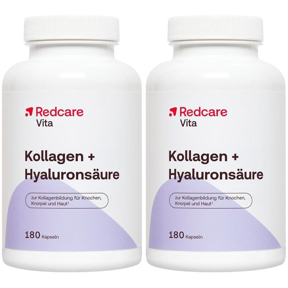 Deux contenants blancs de Redcare Vita Collagène + Acide Hyaluronique, 180 gélules chacun.