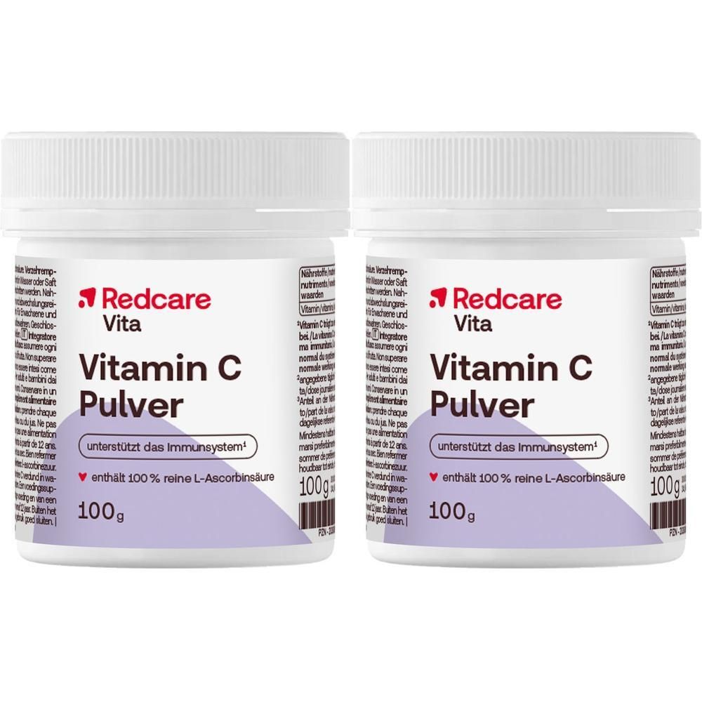 Deux pots de poudre de vitamine C Redcare Vita, 100g chacun. Soutient le système immunitaire.