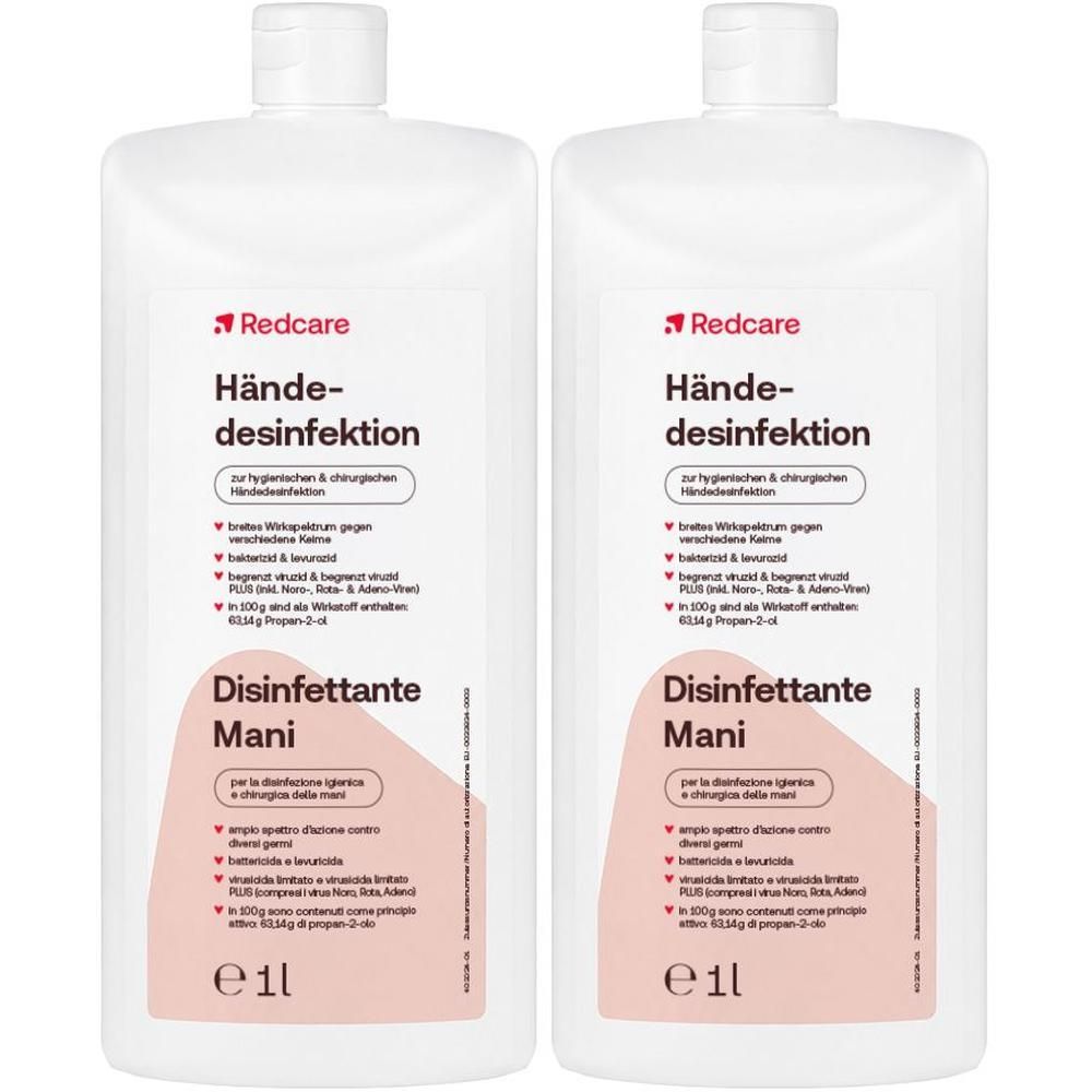 Deux flacons blancs de désinfectant pour les mains Redcare, 1 litre chacun.