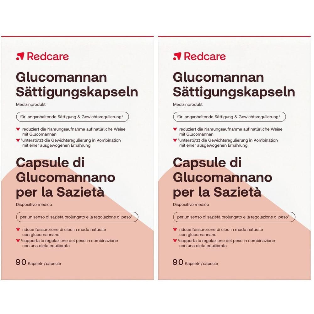 Deux paquets de capsules Redcare Glucomannan pour la satiété, 90 capsules par paquet.