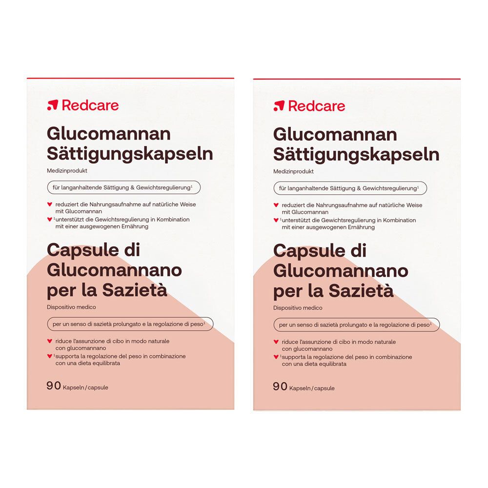 Deux paquets de capsules Redcare Glucomannan pour la satiété, 90 capsules par paquet.