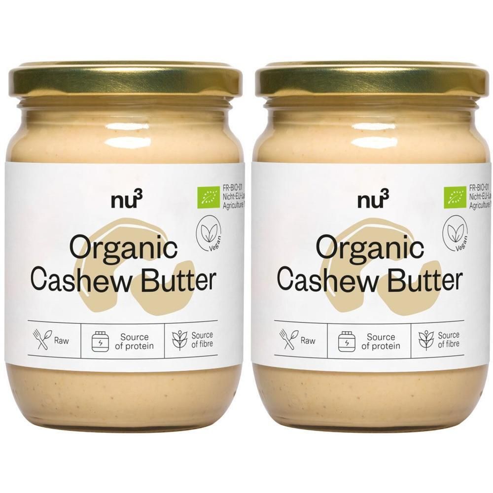 Deux pots de nu3 Beurre de Cajou Bio. Étiquette : Organic Cashew Butter, Source de protéine, Source de fibre.