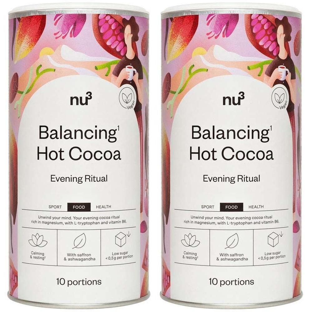Deux boîtes de nu3 Balancing Hot Cocoa, mention 'Rituel du soir' et fruits colorés.