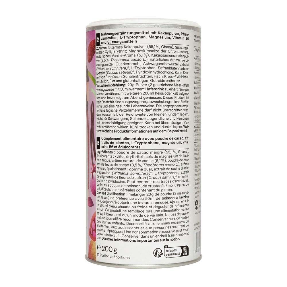 Arrière d'une boîte nu3 Balancing Hot Cocoa avec tableau nutritionnel et liste des ingrédients.