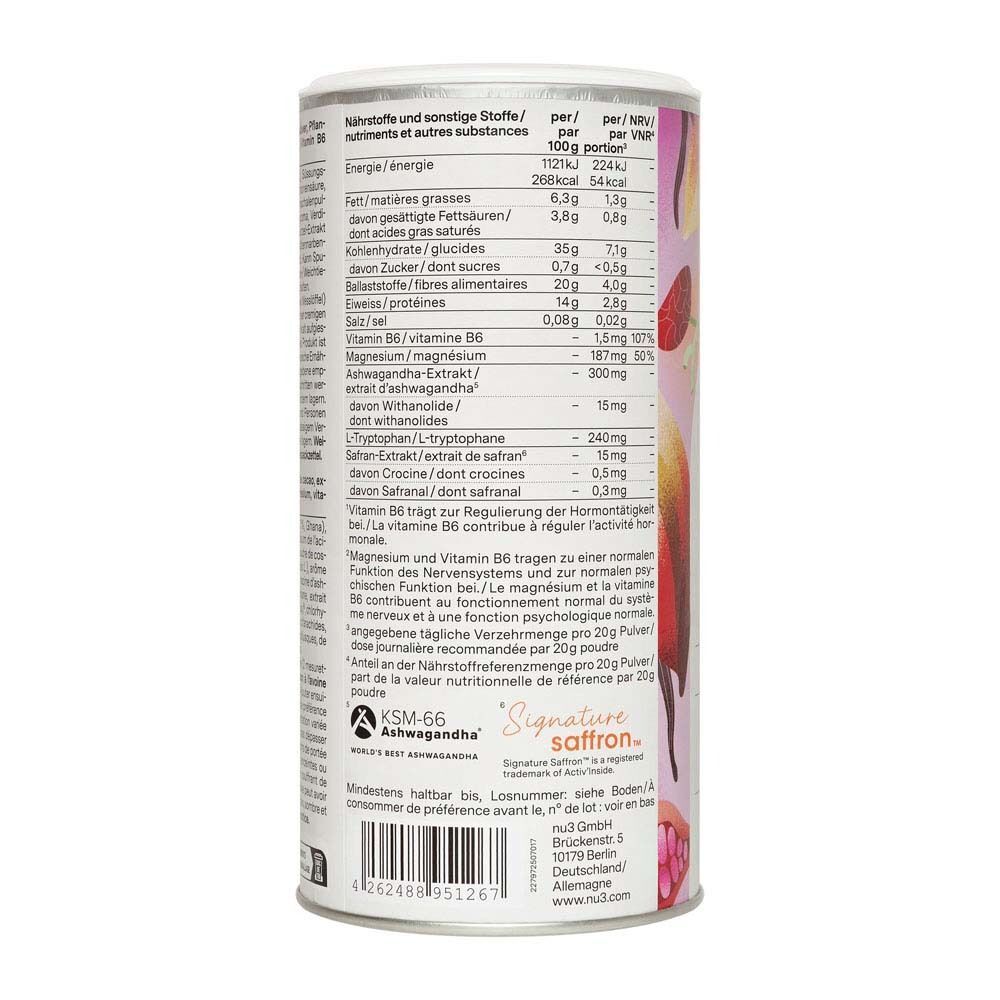 Vue détaillée de l'arrière d'une boîte nu3 Balancing Hot Cocoa avec tableau nutritionnel.