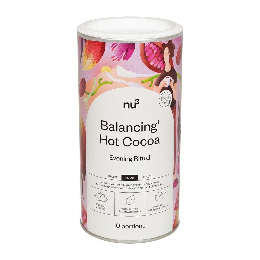 Une boîte de nu3 Balancing Hot Cocoa, mention 'Rituel du soir' et fruits colorés.