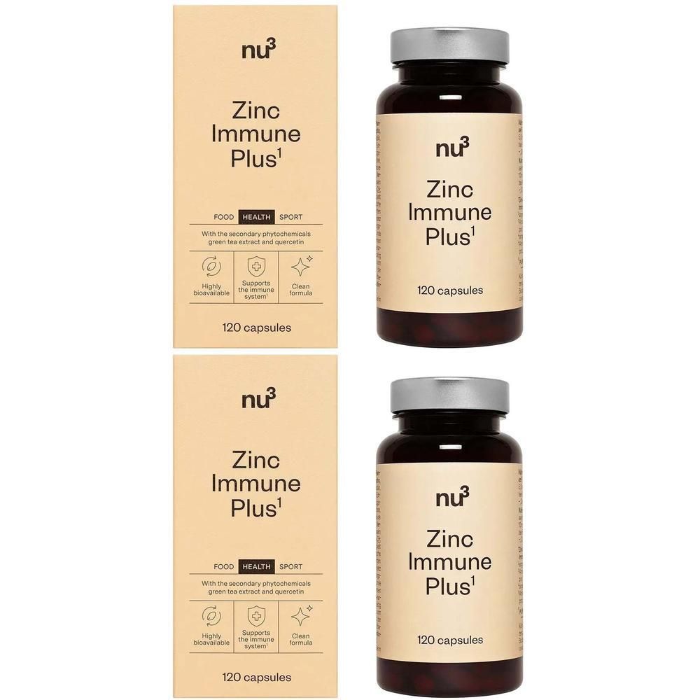 Deux boîtes et deux flacons de capsules nu3 Zinc Immune Plus.
