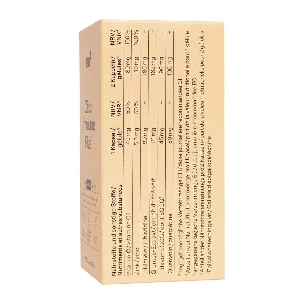 Arrière d'une boîte nu3 Zinc Immune Plus avec tableau nutritionnel et ingrédients.