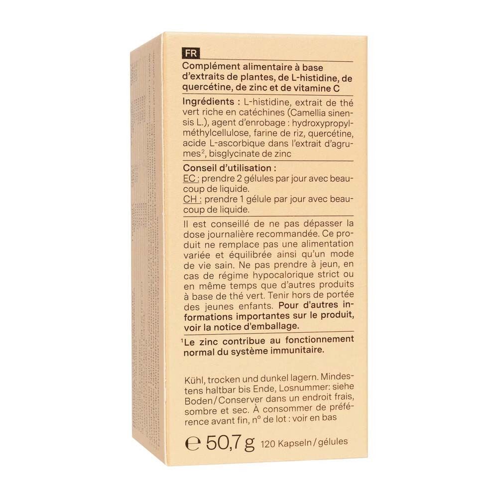 Vue latérale d'une boîte nu3 Zinc Immune Plus avec conseils d'utilisation et ingrédients en français.