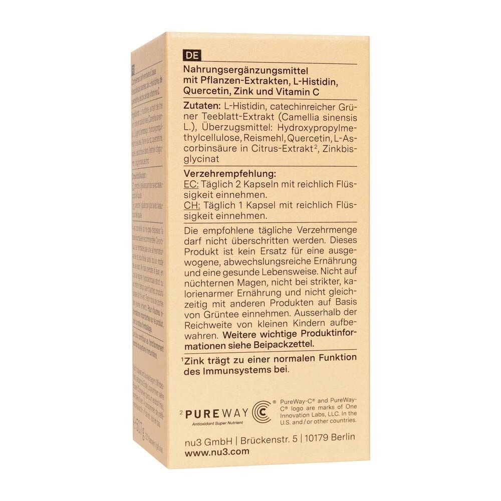 Vue latérale d'une boîte nu3 Zinc Immune Plus avec conseils d'utilisation et ingrédients en allemand.