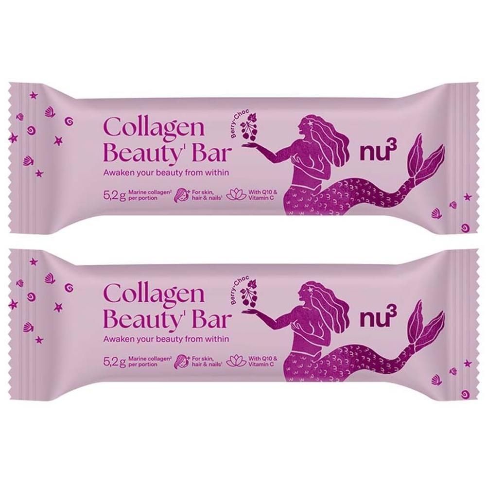 Deux barres nu3 Collagen Beauty au goût Berry-Choc, emballage violet avec illustration de sirène.