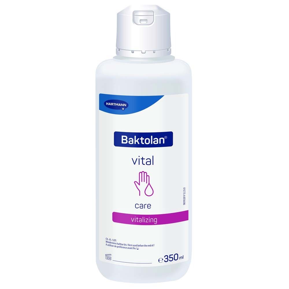 Flacon blanc avec bouchon rabattable. Inscription: Baktolan vital care, vitalizing. Symbole de main. Étiquettes bleues et violettes.