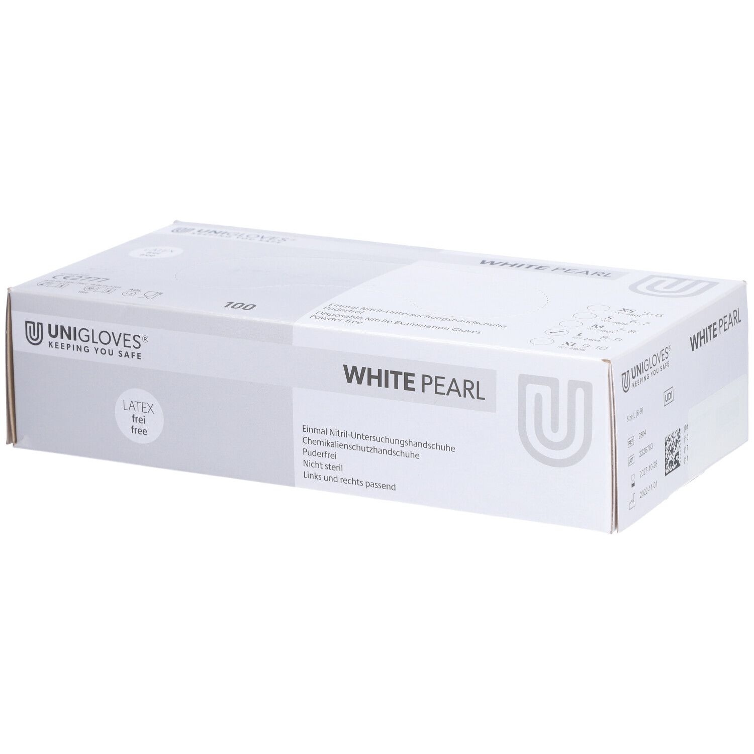 Boîte blanche avec inscription 'WHITE PEARL'. Logo 'UNIGLOVES'. Mention 'LATEX free'. Contient des gants d'examen jetables.