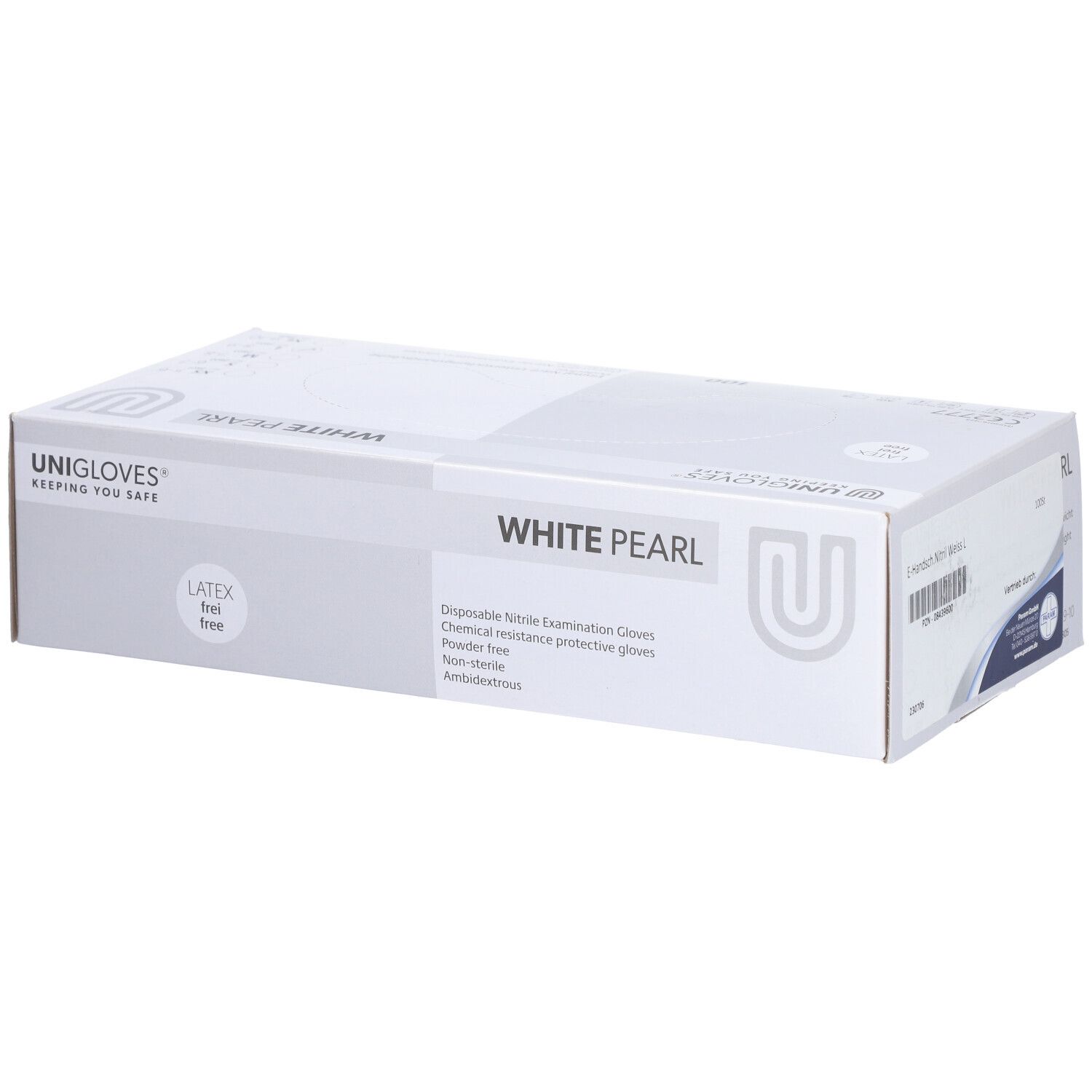 Boîte blanche avec inscription 'WHITE PEARL'. Logo 'UNIGLOVES'. Mention 'LATEX free'. Contient des gants d'examen jetables.