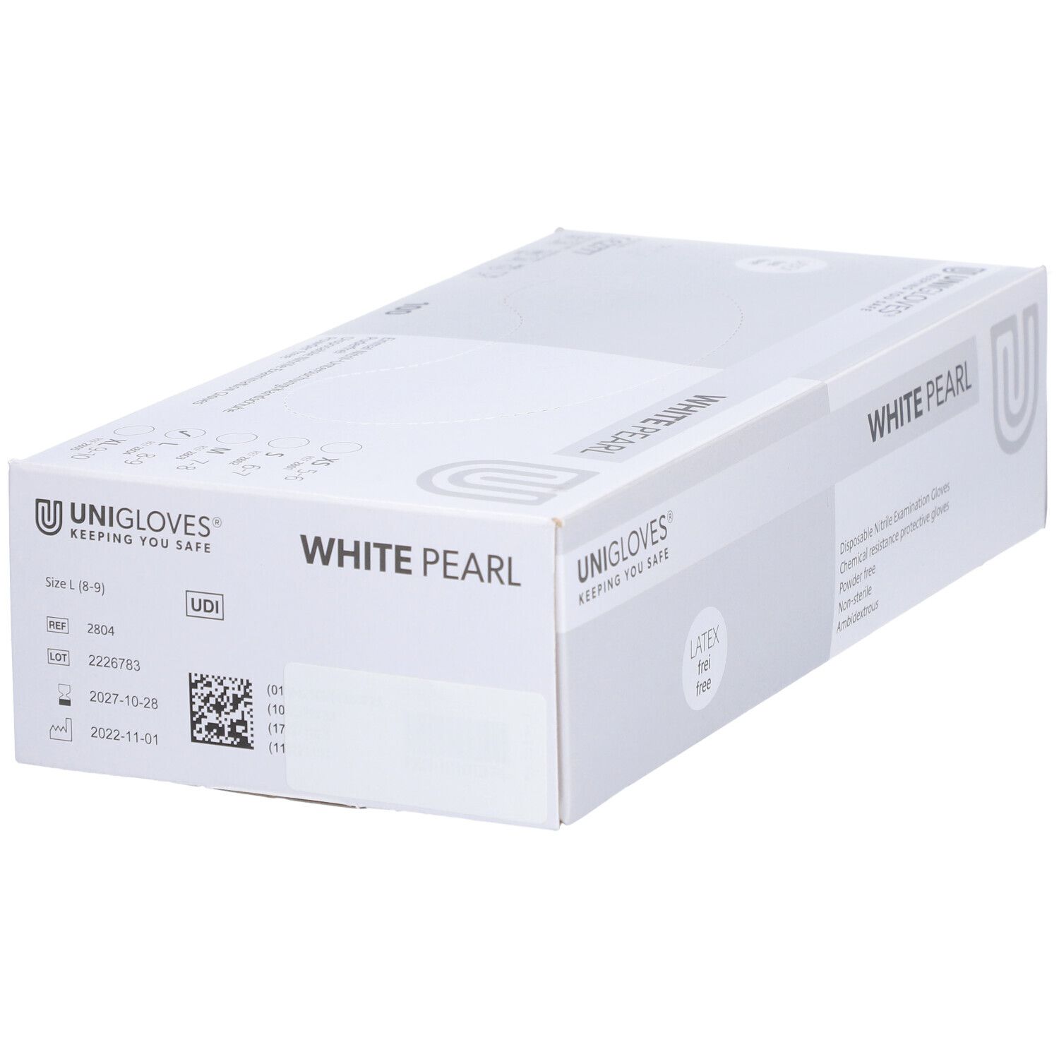 Boîte blanche avec inscription 'WHITE PEARL'. Logo 'UNIGLOVES'. Code UDI. Contient gants d'examen jetables. Taille (8-9).