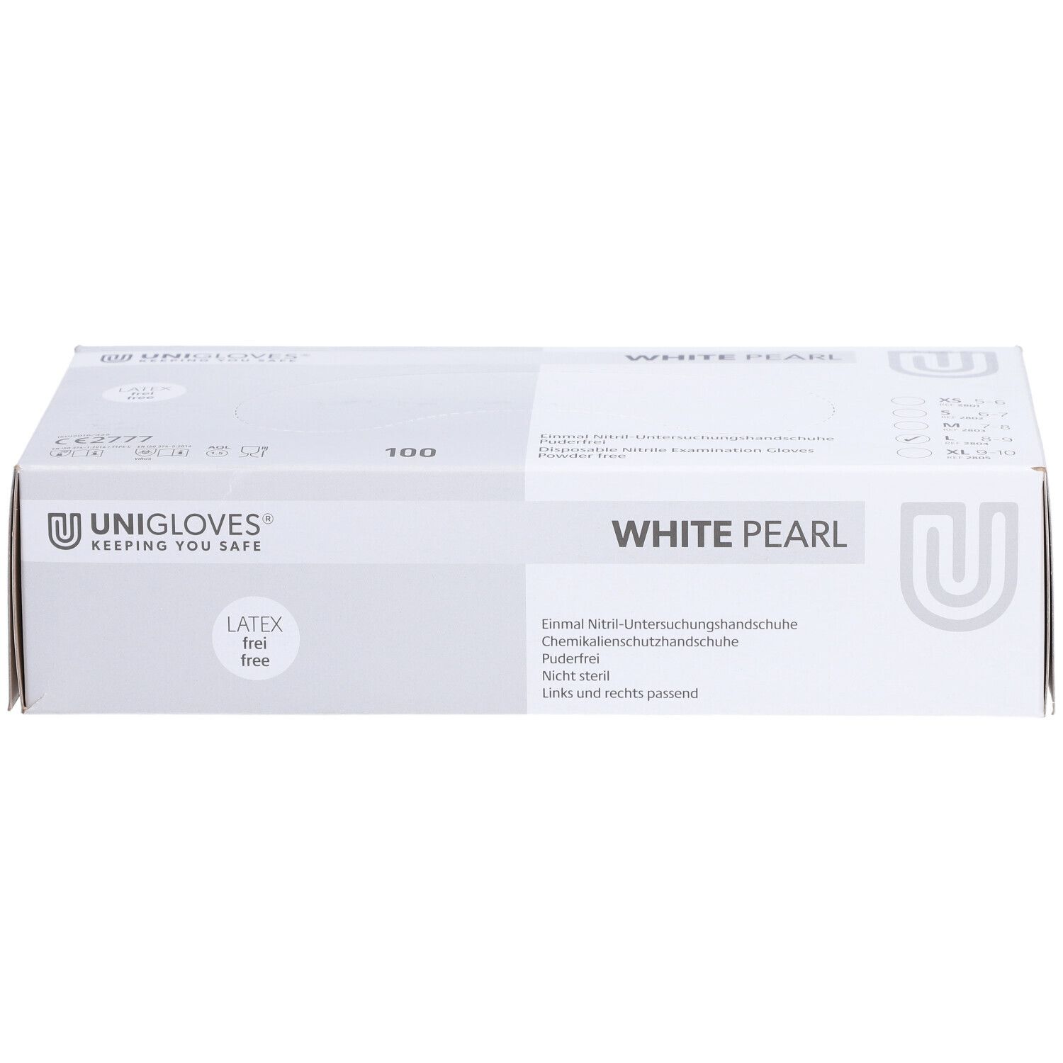 Boîte blanche avec inscription 'WHITE PEARL'. Logo 'UNIGLOVES'. Mention 'LATEX free'. Contient 100 gants d'examen jetables.