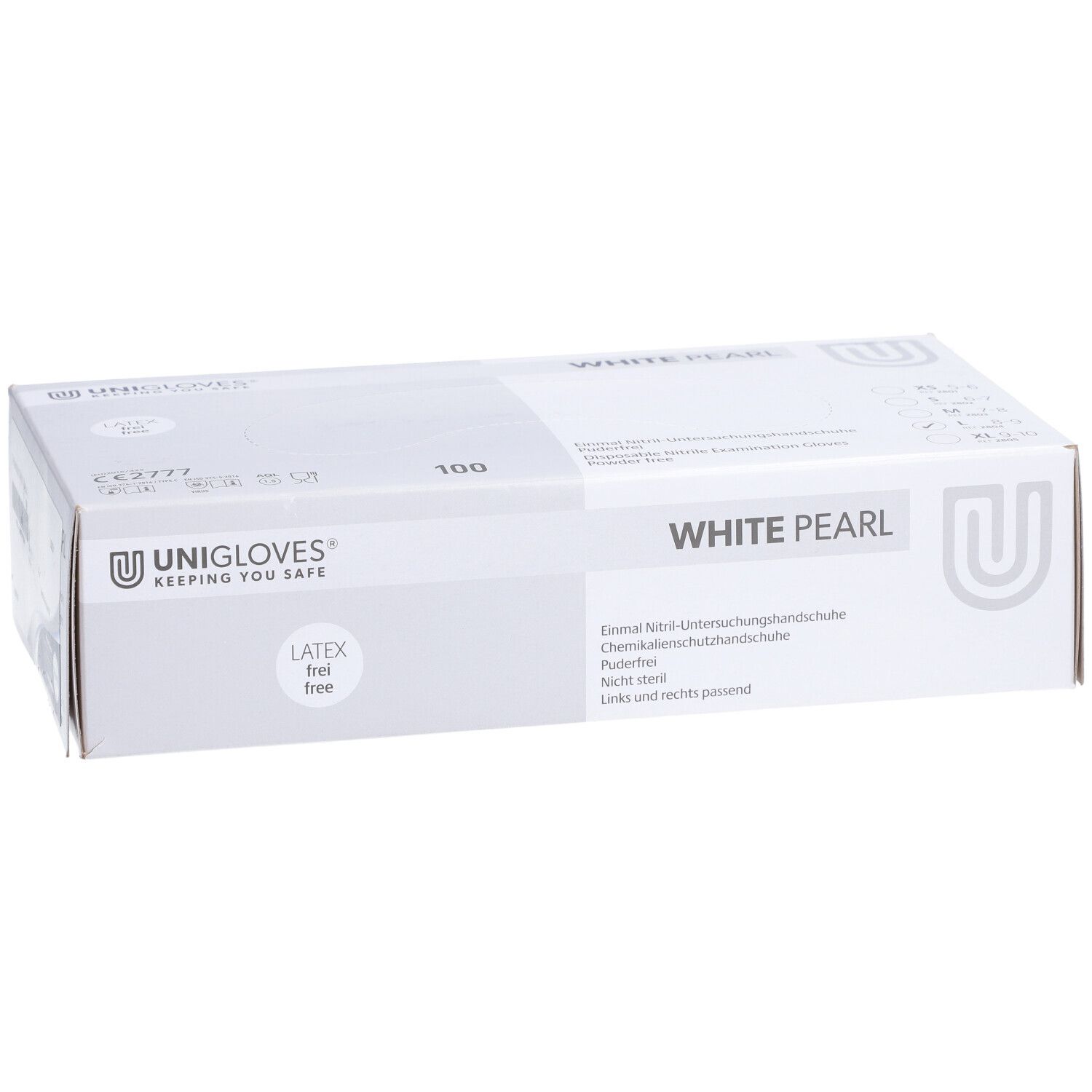 Boîte blanche avec inscription 'WHITE PEARL'. Logo 'UNIGLOVES'. Contient 100 gants d'examen jetables. 'LATEX free'.