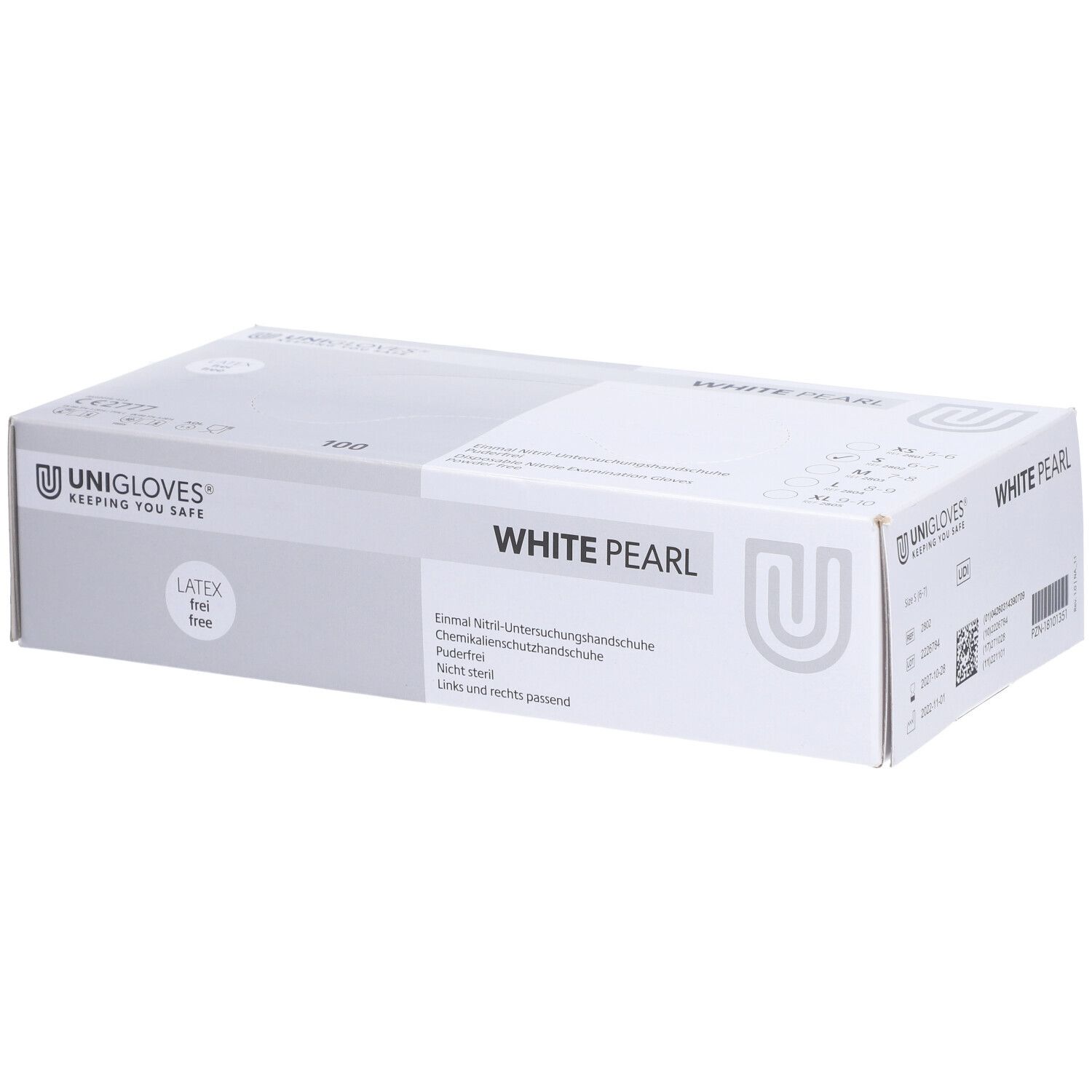 Boîte blanche avec logo UNIGLOVES et inscription WHITE PEARL. Sans latex. Contient 100 gants.