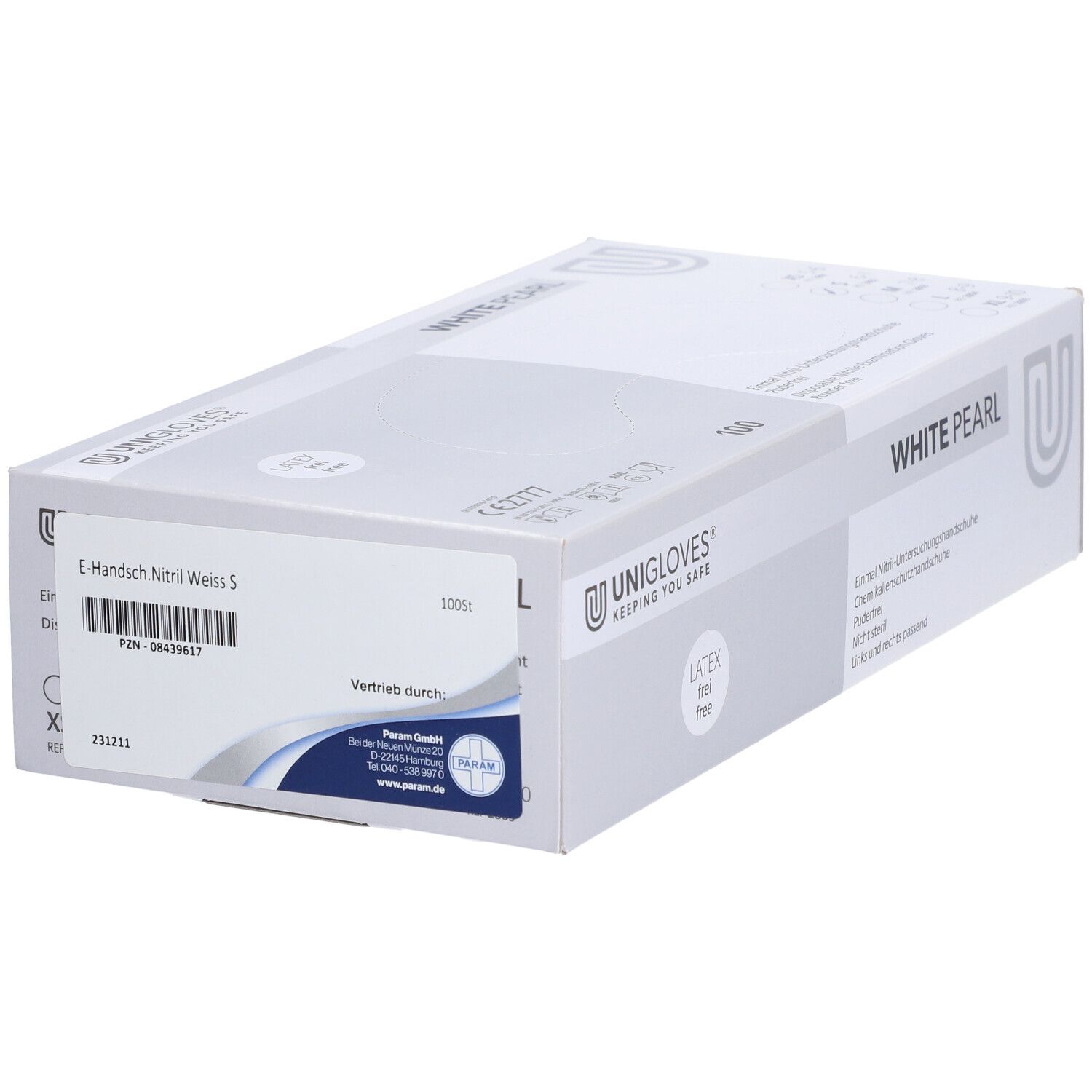 Boîte avec logo UNIGLOVES et inscription WHITE PEARL. E-Gant Nitrile Blanc S. Sans latex. Contient 100 gants.