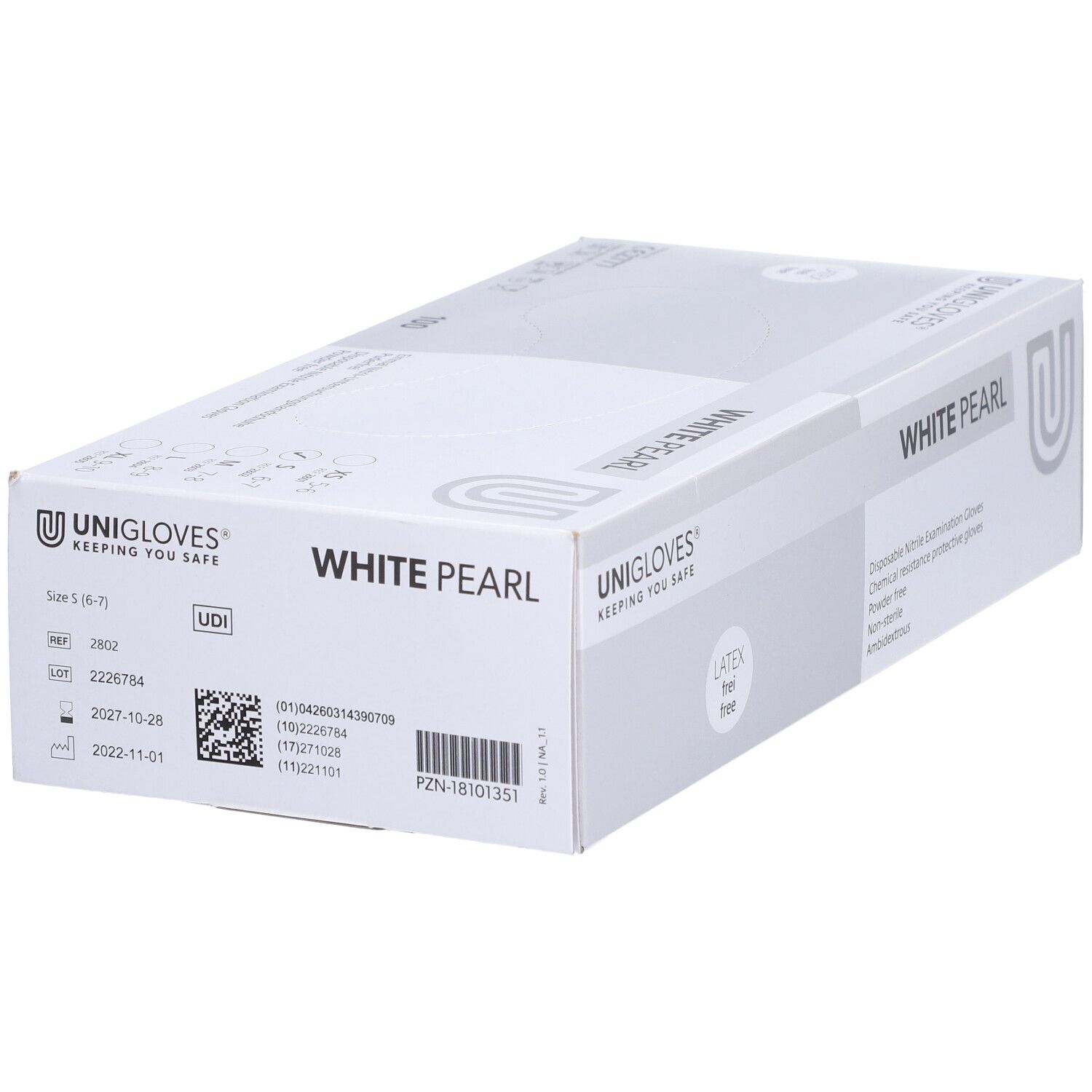 Boîte blanche avec logo UNIGLOVES et inscription WHITE PEARL. Sans latex. Taille S. Expiration 2022-10-28.