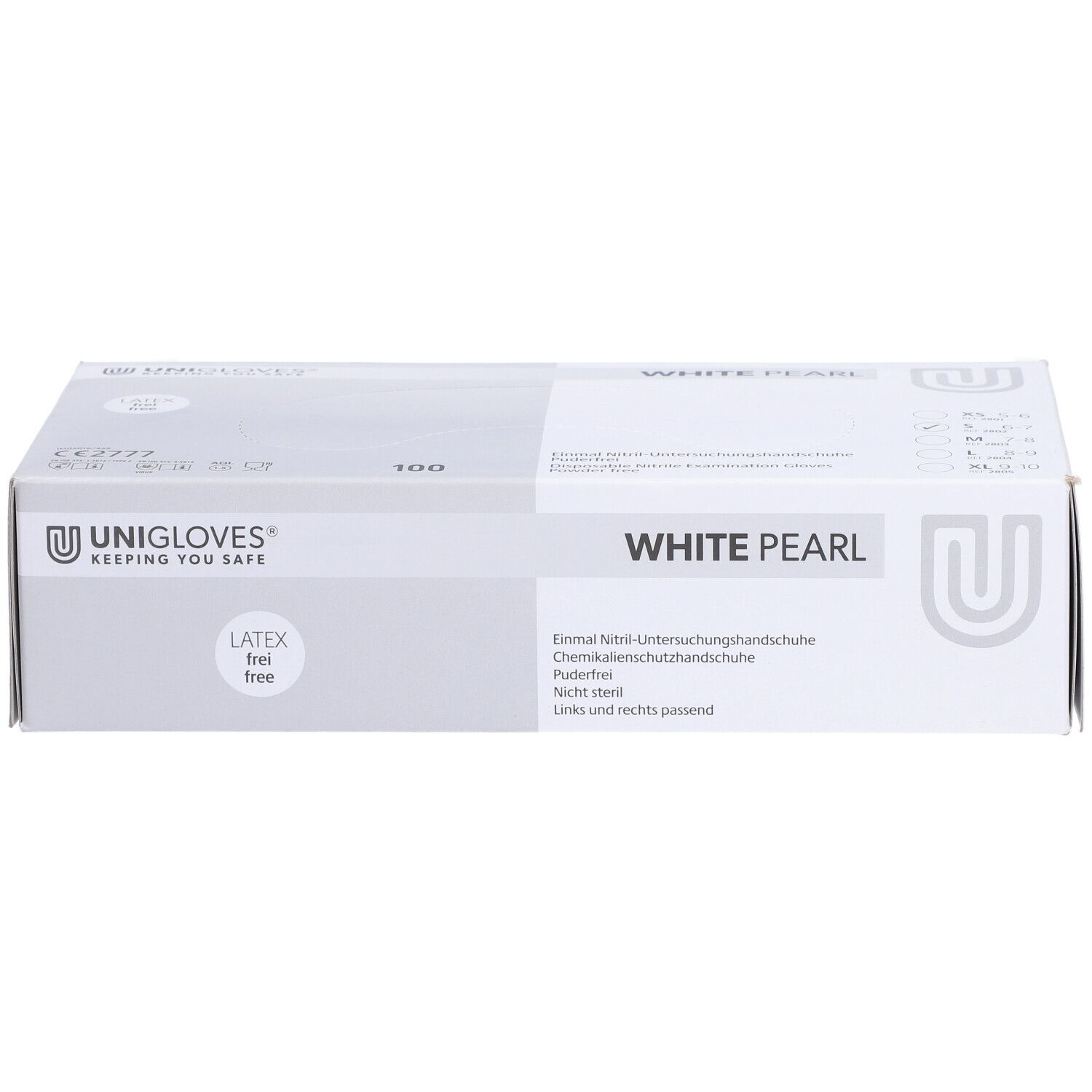 Boîte blanche avec logo UNIGLOVES et inscription WHITE PEARL. Sans latex. 100 gants d'examen jetables.