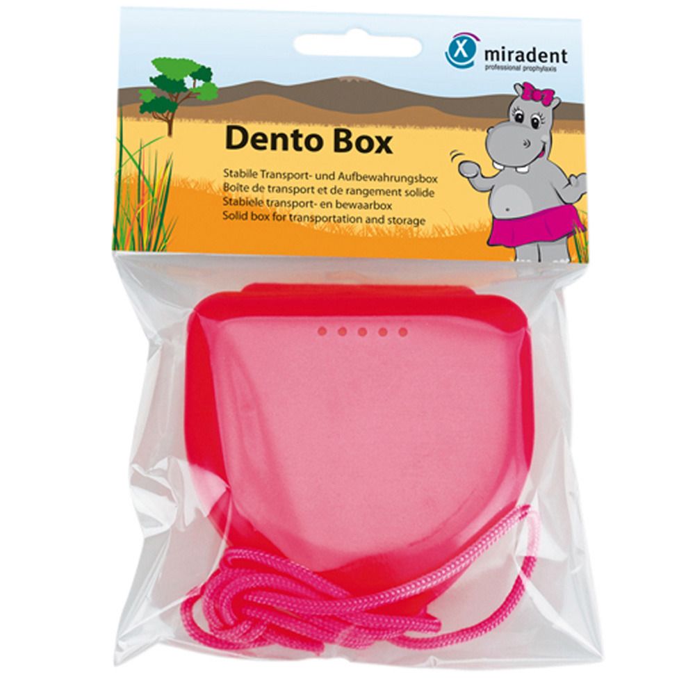 Boîte de rangement rose avec cordon, emballée. L'emballage porte l'inscription "Dento Box".