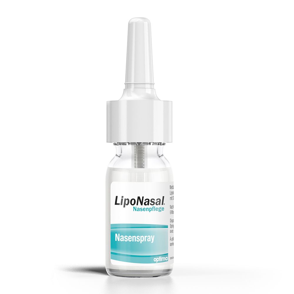 Récipient en verre transparent avec applicateur nasal. Inscription : LipoNasal, Nasenspray.