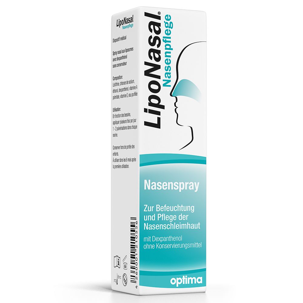 Boîte blanche avec spray nasal. Inscription : LipoNasal, Nasenspray, Optima. Avec illustration.