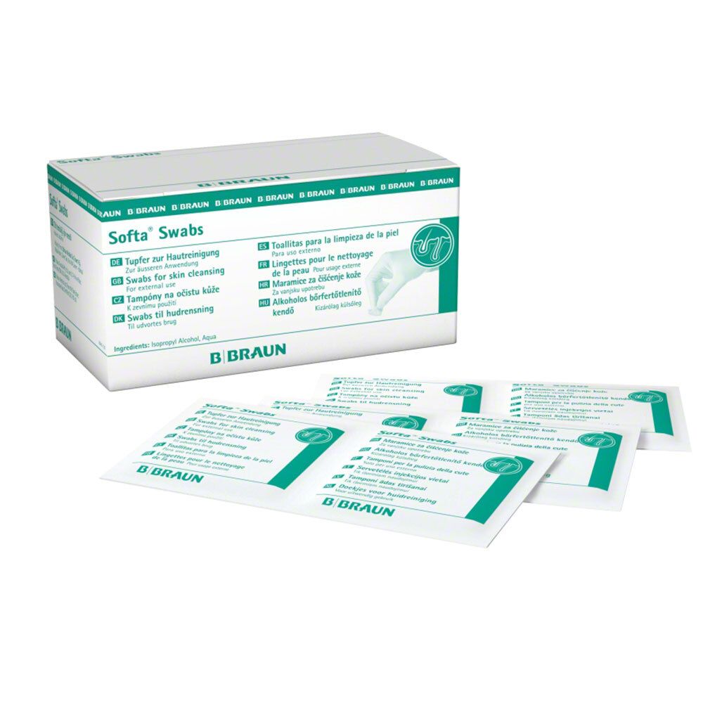 B. Braun Softa Swabs : Un paquet de tampons emballés individuellement et une boîte.
