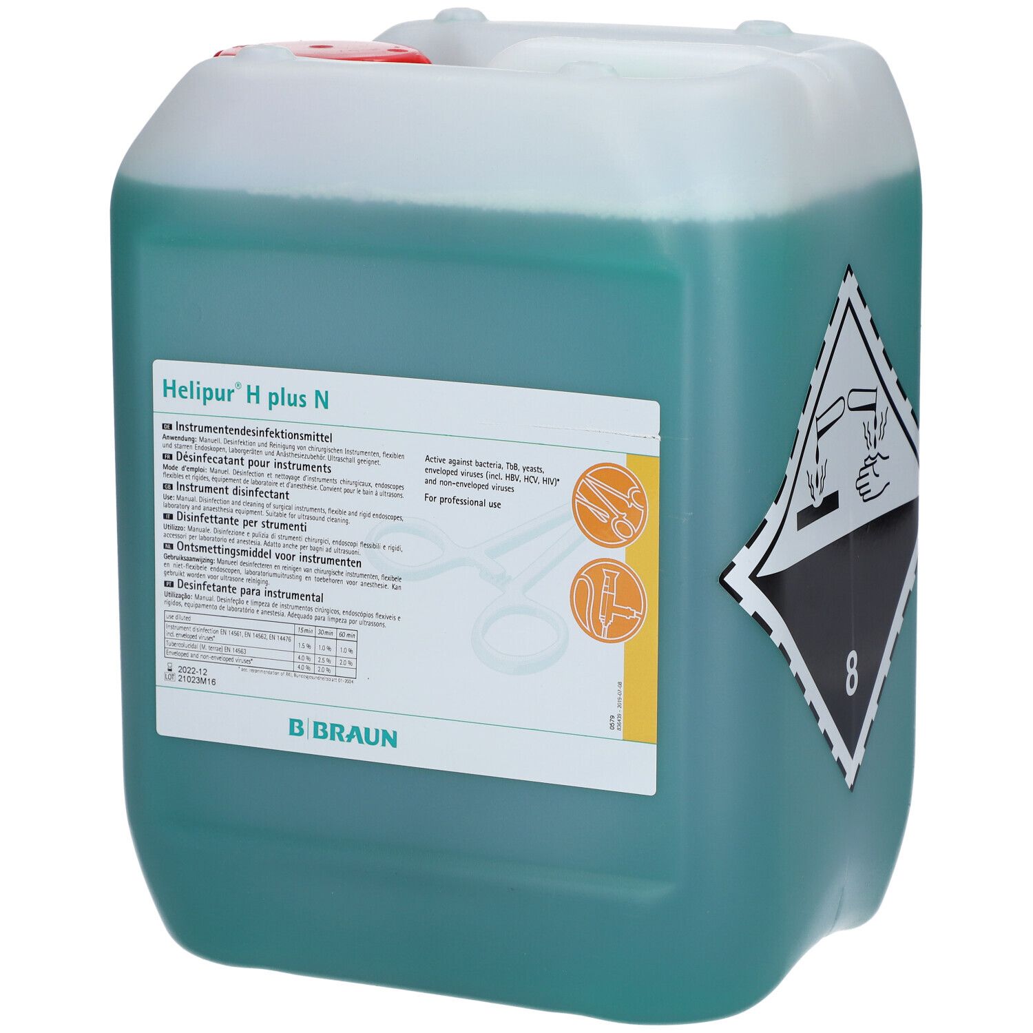 Bidon de liquide vert. Inscription: Helipur H plus N. Logo B. Braun. Symbole de danger.
