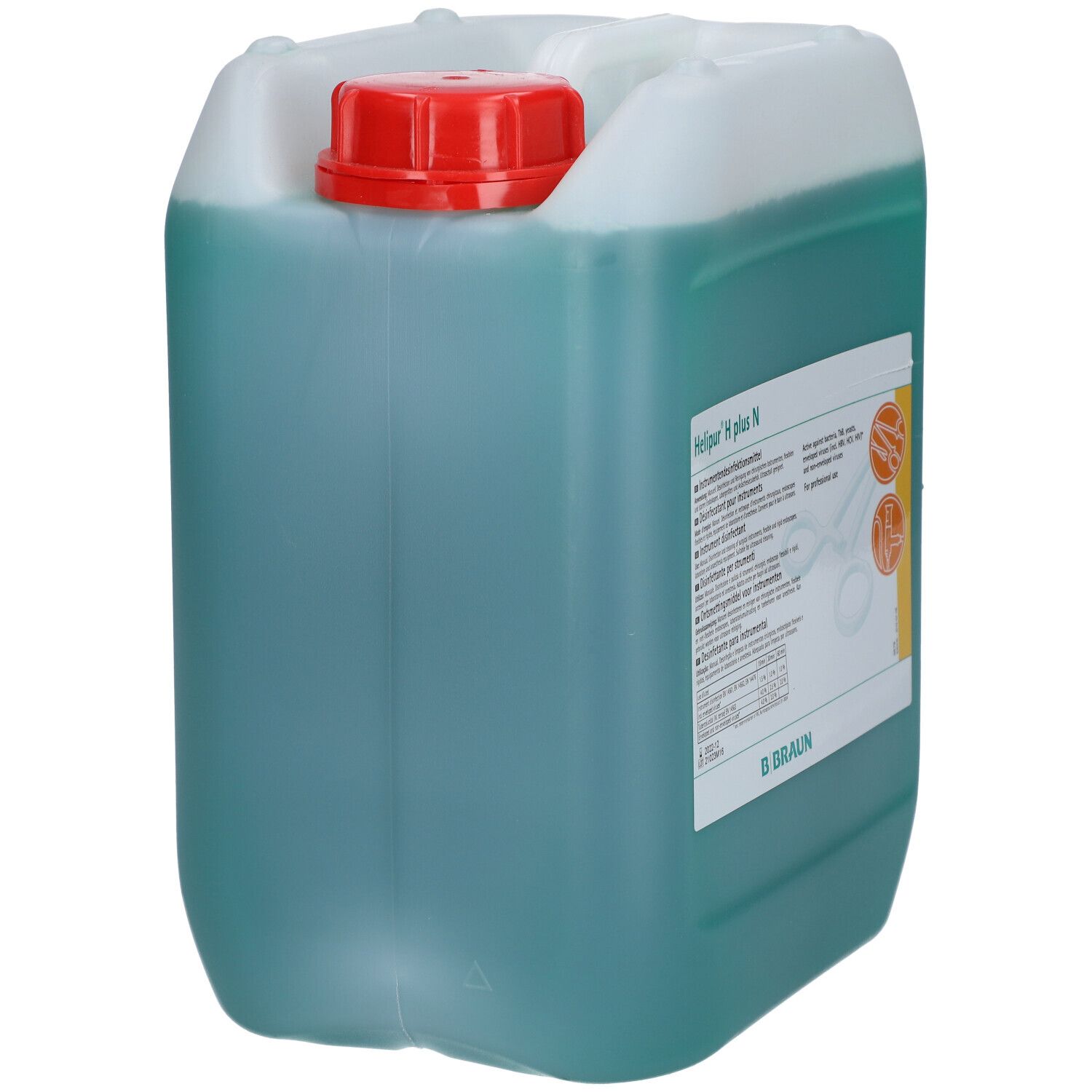 Bidon avec couvercle rouge et liquide vert. Inscription: Helipur H plus N. Logo B. Braun.