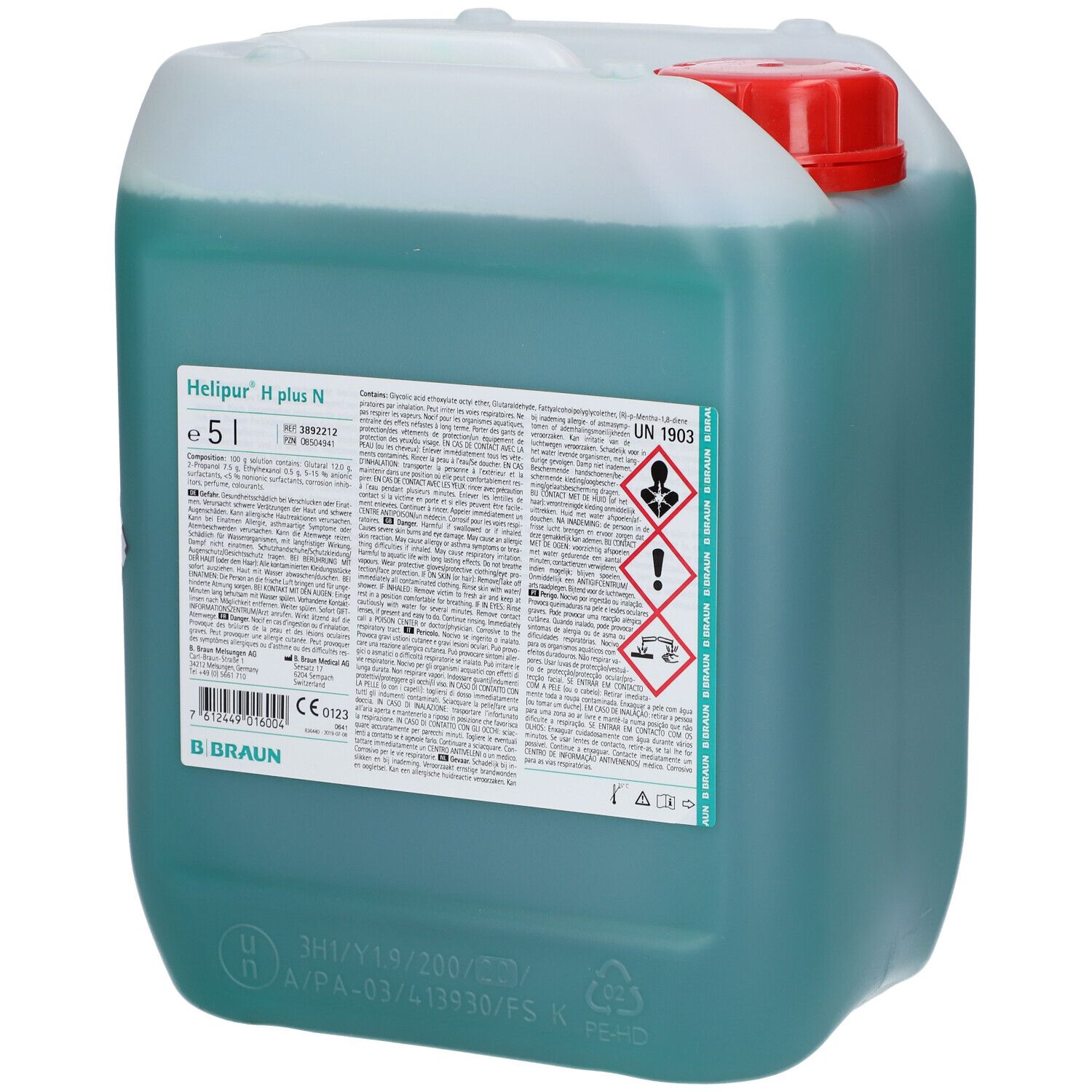 Bidon avec couvercle rouge et liquide vert. Inscription: Helipur H plus N, 5 l. Symboles de danger. Logo B. Braun.