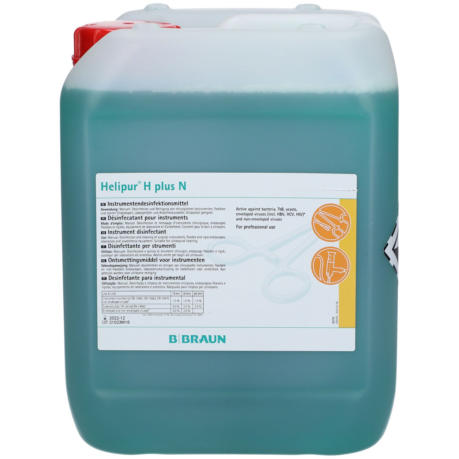 Bidon de liquide vert. Inscription: Helipur H plus N. Logo B. Braun. Symbole de danger.