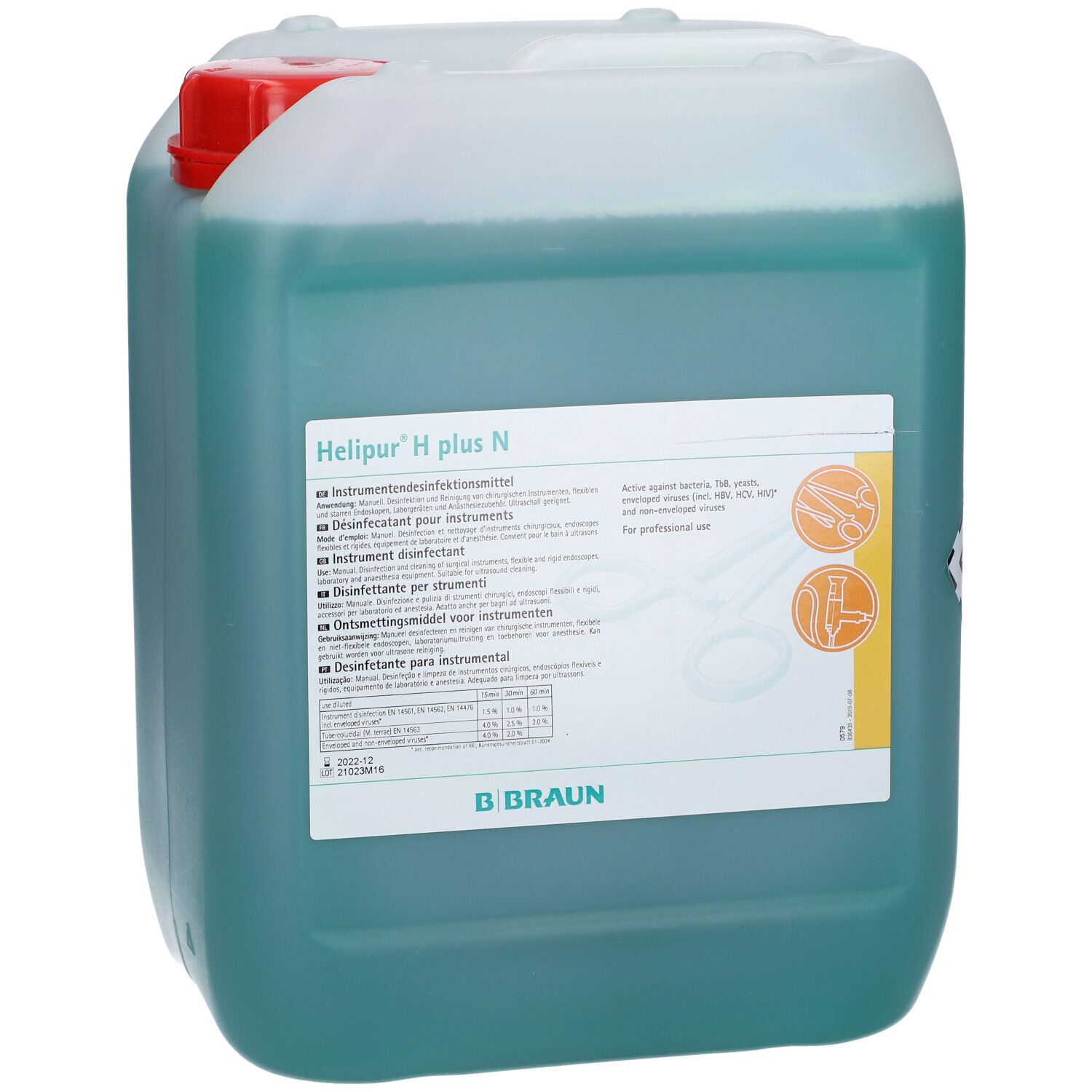 Bidon avec couvercle rouge et liquide vert. Inscription: Helipur H plus N. Logo B. Braun.