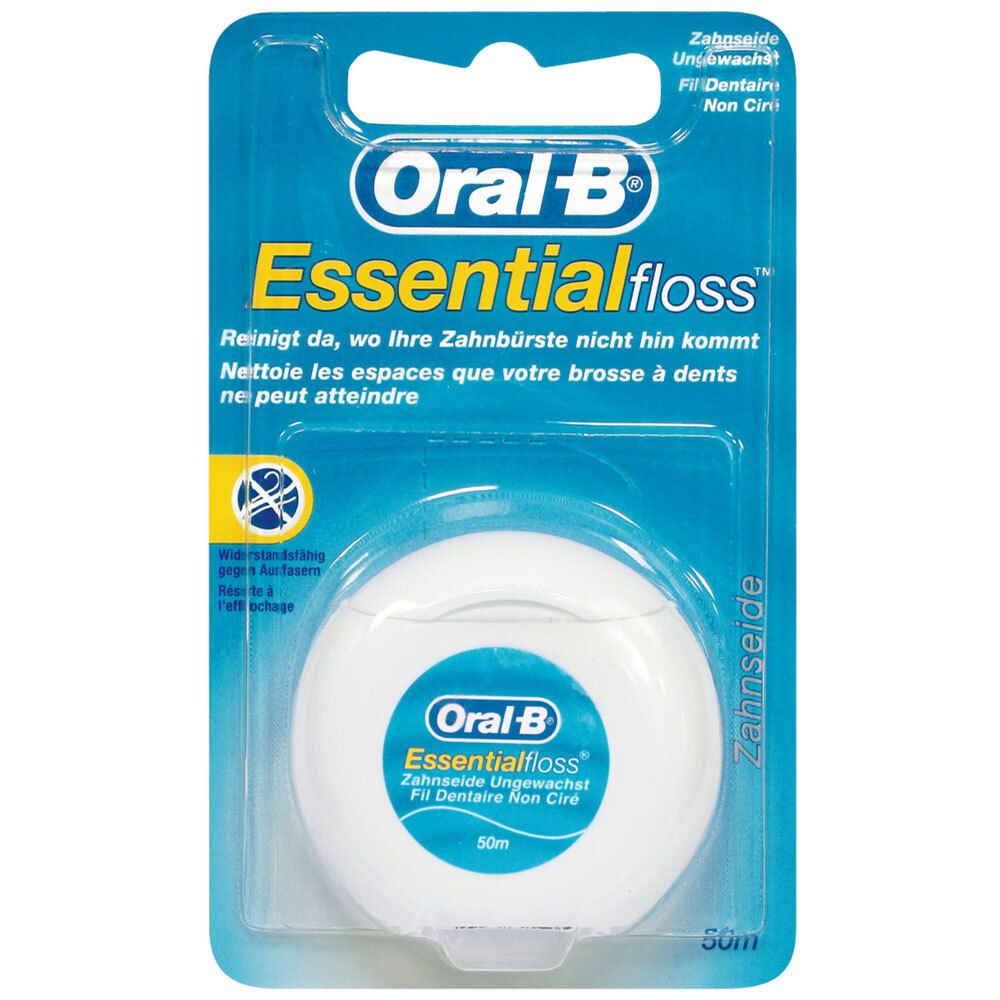 Fil dentaire Oral-B Essentialfloss, non ciré, enroulé dans un boîtier blanc. Emballage blister bleu. 50m.