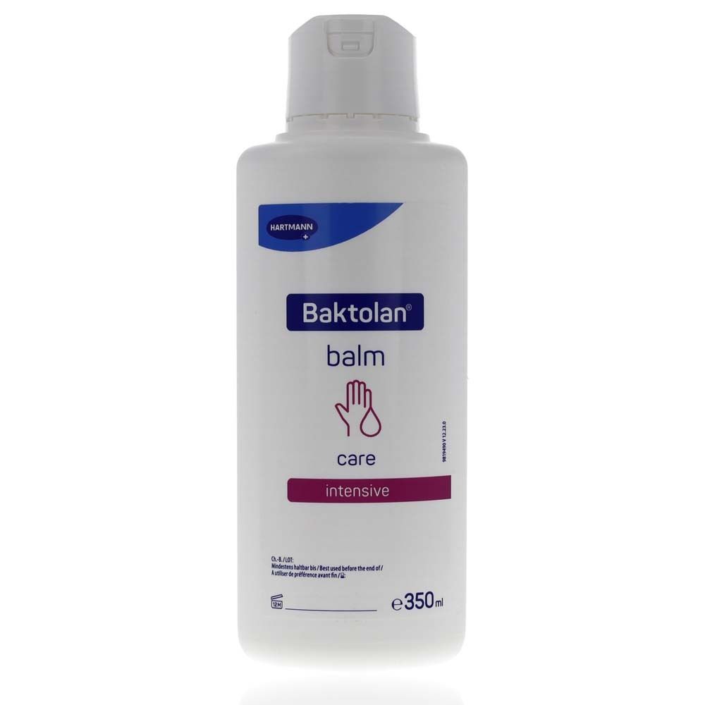 Flacon blanc avec étiquette bleue et rose. Inscription : Baktolan balm care intensive. Logo Hartmann.